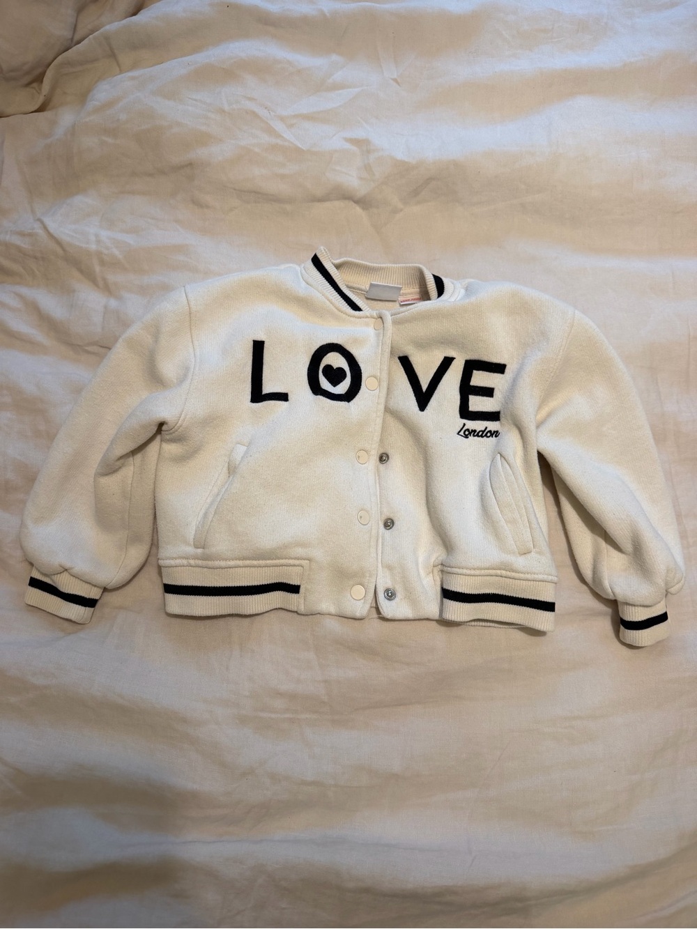Zara White Kids Bomber Jacket with Black Trim and LOVE Embroidery-4T